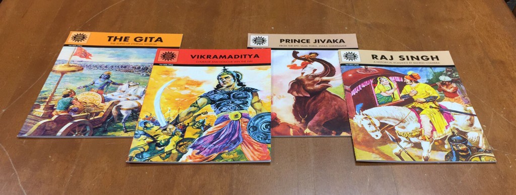 Covers of Indian comic books: The Gita, Vikramaditya, Prince Jivaka, Raj Singh
