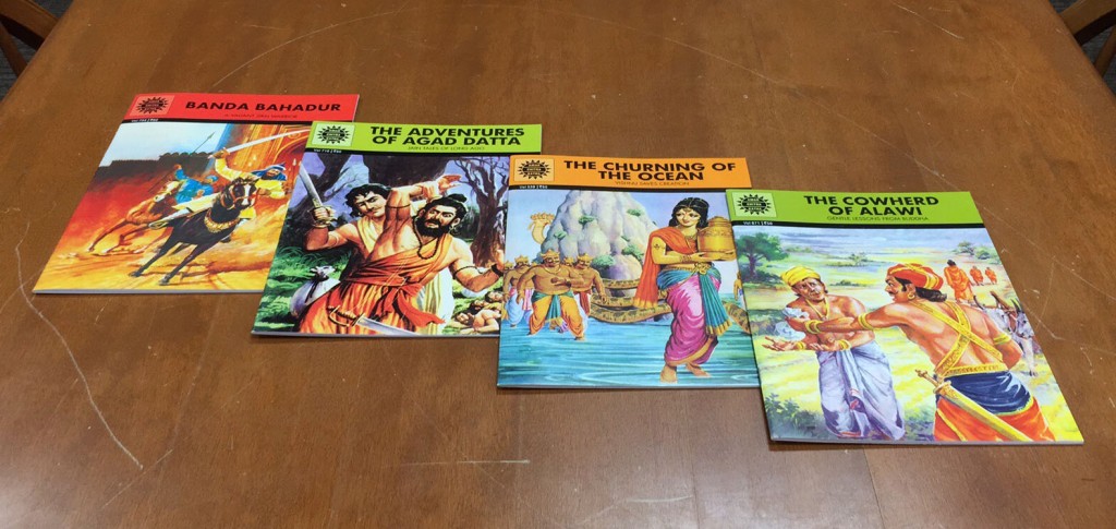 Cover of four Indian comic books: Banda Bahadur, The Adventures of Agad Datta, The Churning of the Ocean, and The Cowherd of Alawi