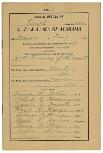 Roll card for the Ancient Free and Accepted Masons of Marion, Alabama