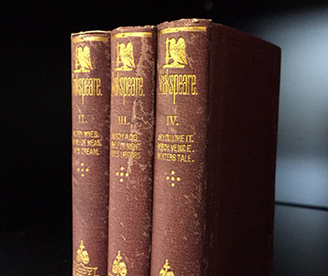 Spines of volumes 2-4 of the Handy Volume Edition of Shakespeare's complete works