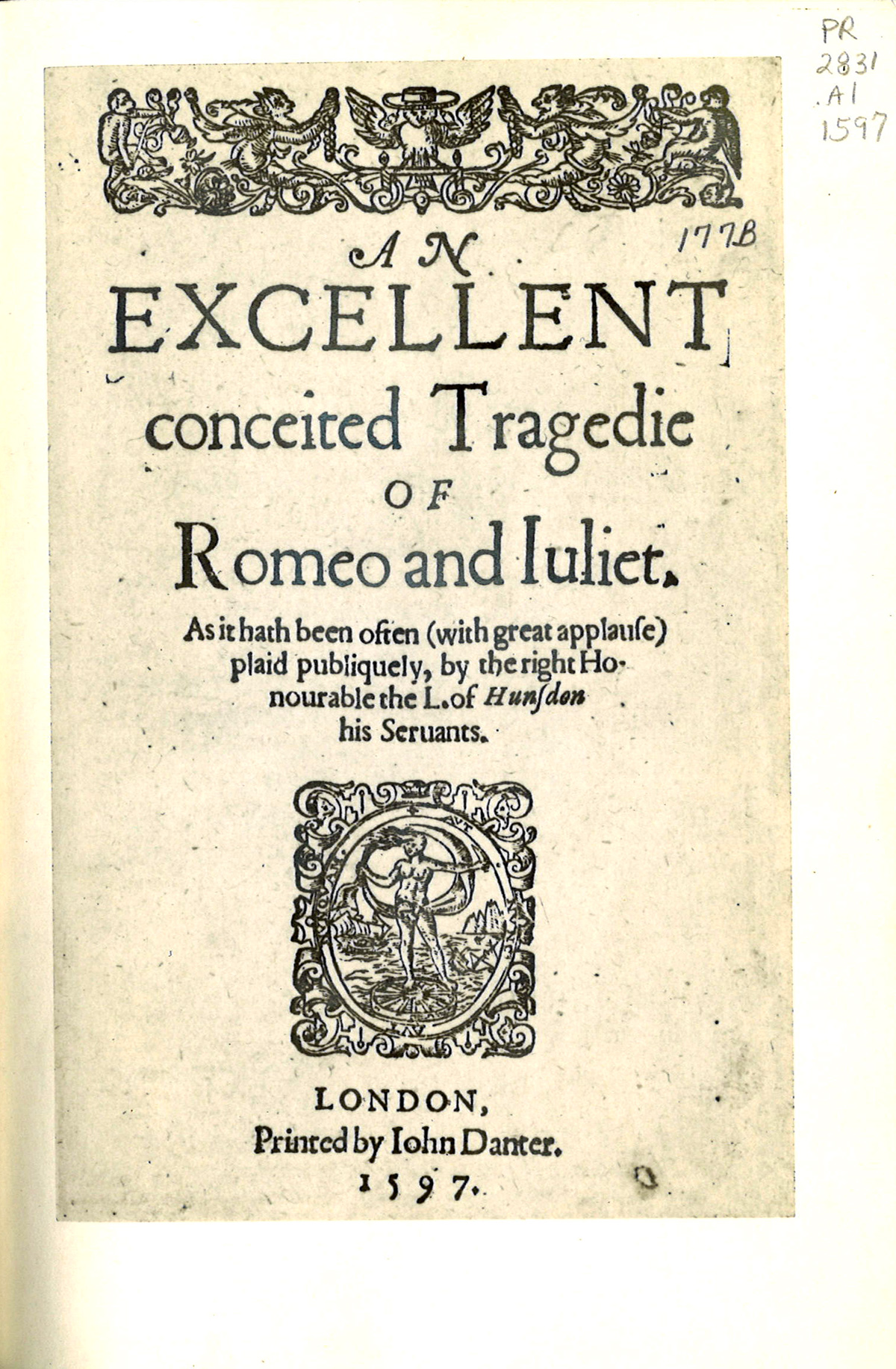 Title page from facsimile of 1597 version of Shakespeare's Romeo and Julie