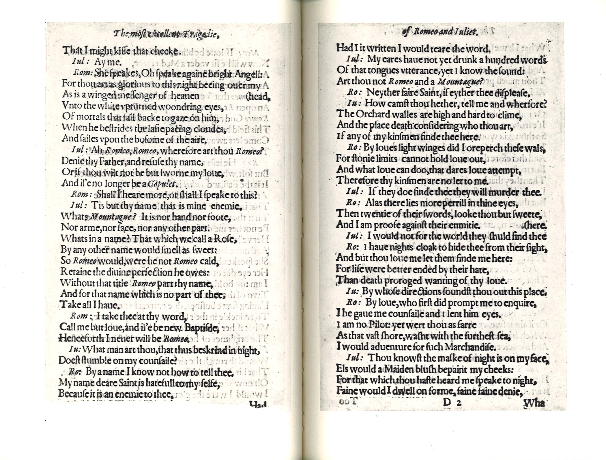 Page opening from facsimile of 1597 version of Shakespeare's Romeo and Julie