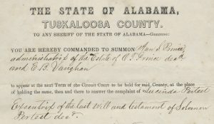Portion of a summons relating to a debt owed to the estate of Solomon Perteet, 1867