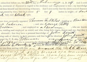 A portion of an affidavit attesting to the Civil War service of John Smith, 1869