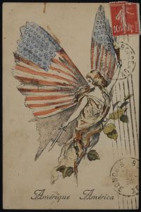 woman wrapped in ivy, with wings painted as American flags, holding a sword