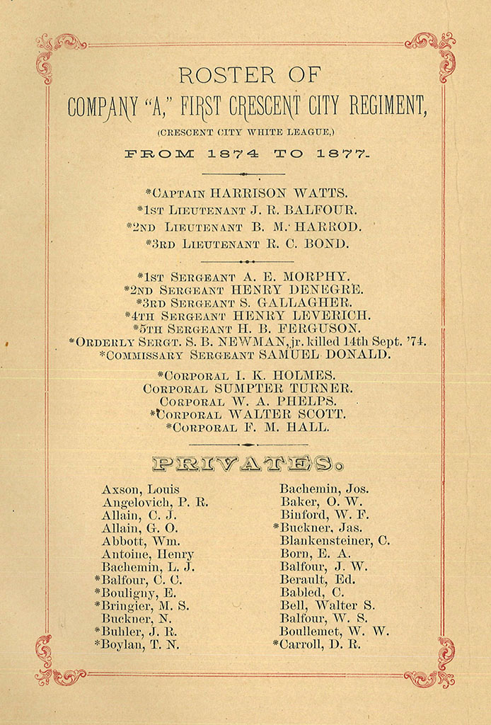 Roster of Company A, First Crescent City Regiment (Crescent City White League) from 1874 to 1877. It lists fifteen officers and twenty six privates.