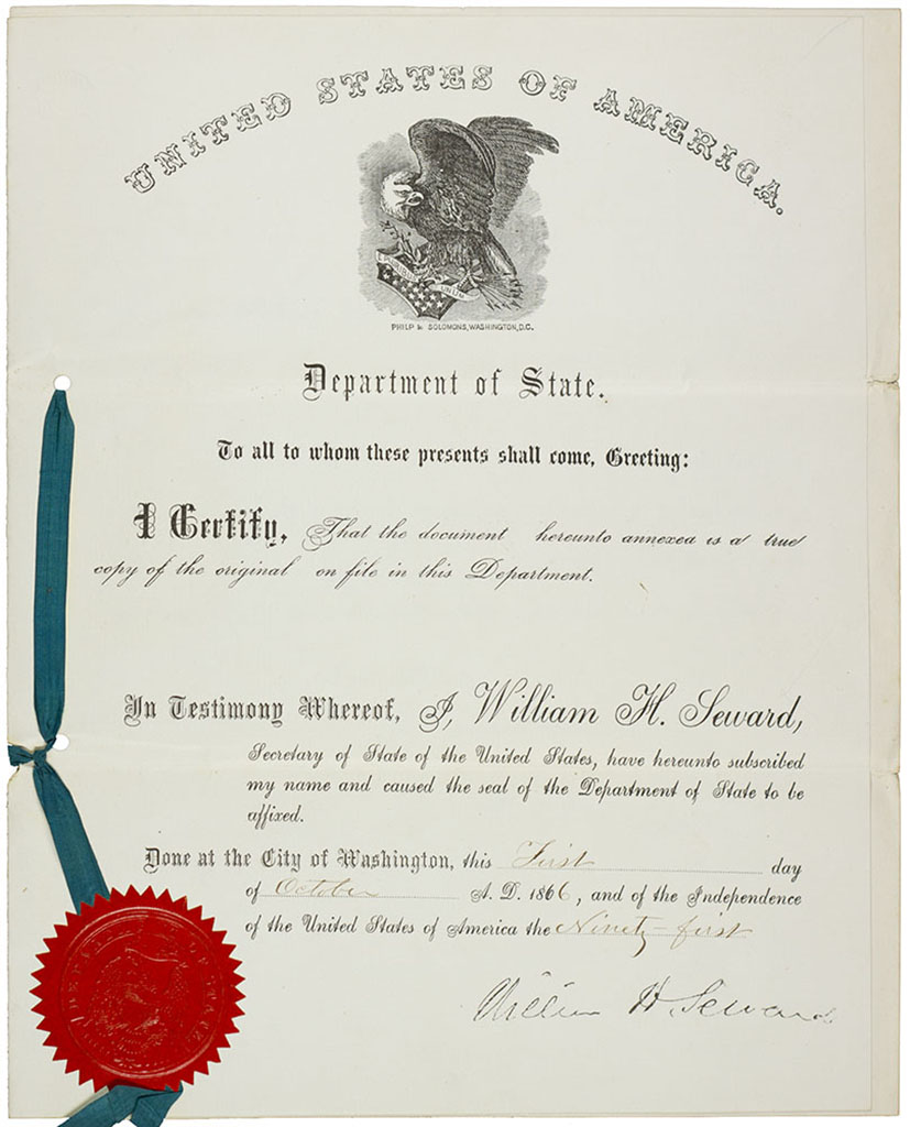 Certificate of pardon, pre-printed with filled in blanks, decorated with an eagle and sealed with a red embossed seal.