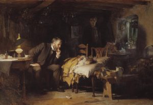 Painting of a doctor looking at child sleeping with man in the background watching doctor