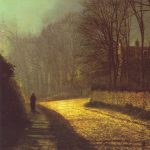 Cropped version of the painting The Lovers by Grimshaw, showing a sunlit street