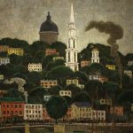 Cropped version of the painting A New England Town by Manigault, showing buildings on a hillside